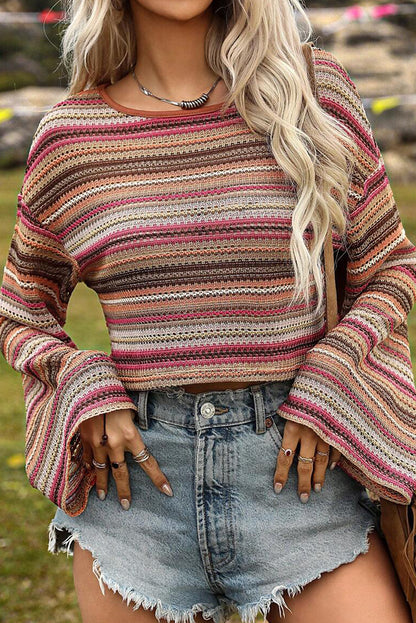 Pink Striped Wide Cropped Long Sleeve Top