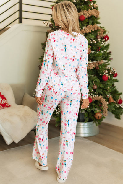 White Christmas Pattern Long Sleeve Top and Wide Leg Pants Set