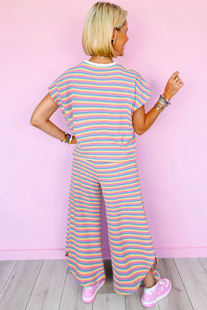 Pink Stripe Rainbow Tee Tasseled String Wide Leg Pants Set