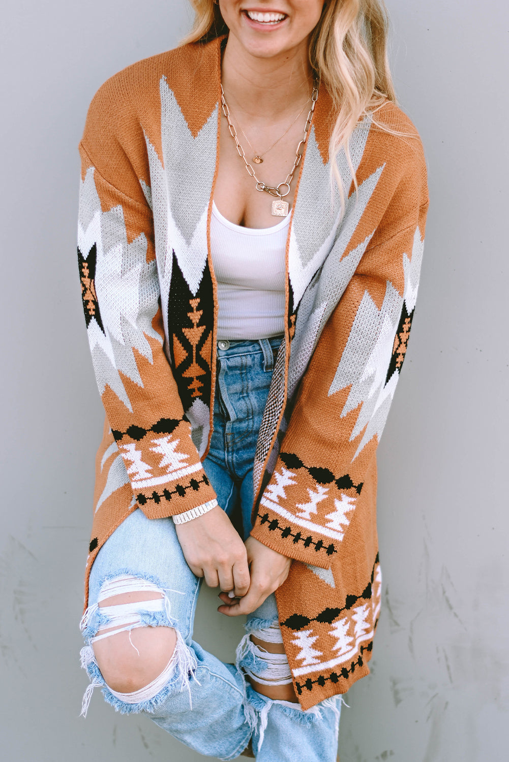 Gold Flame Aztec Graphic Open-Front Cardigan