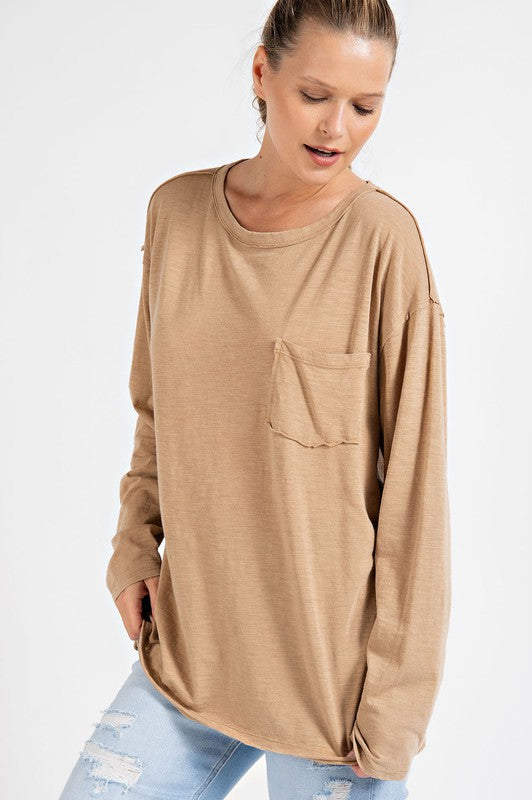 Rae Mode Mineral Washed Round Neckline Long Sleeves Top