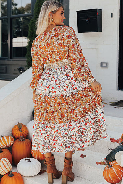 Floral Print Ruffled Tiered Long Sleeve V Neck Midi Dress