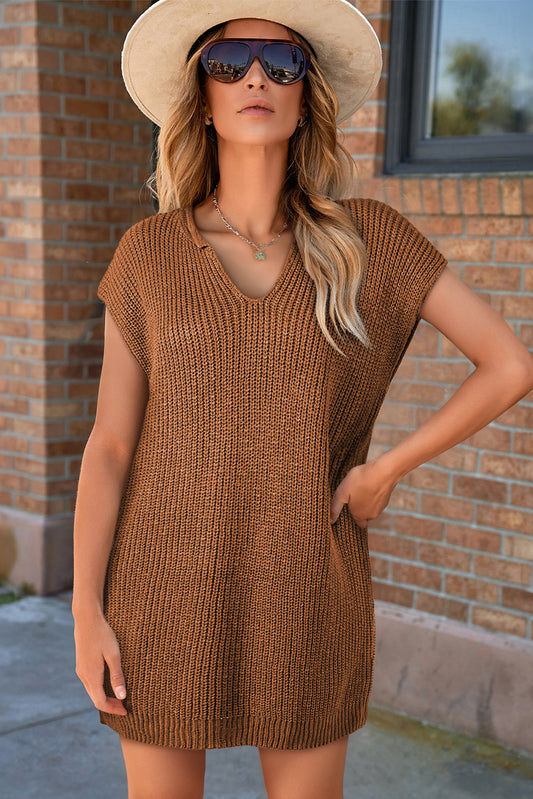 Short Sleeve Notched V Neck Sweater Dress