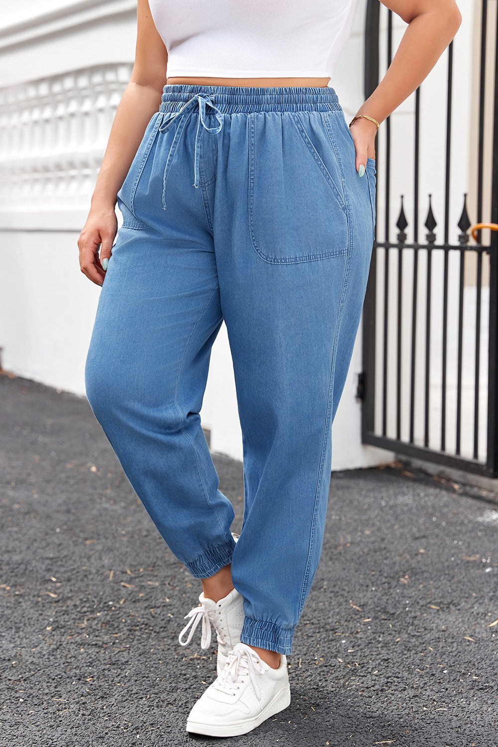 Mary; Drawstring Waist Pocketed Plus Size Denim Joggers