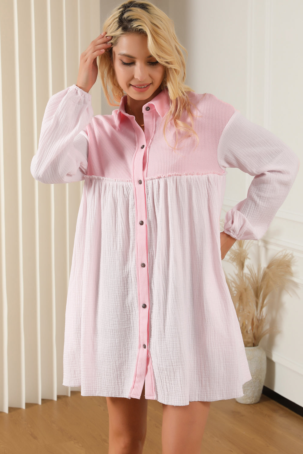 Pink Patchwork Crinkle Puff Sleeve Shirt Dress