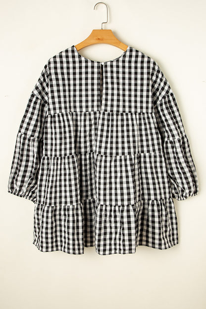 Checkered Puff Sleeve Tiered Loose Babydoll Blouse