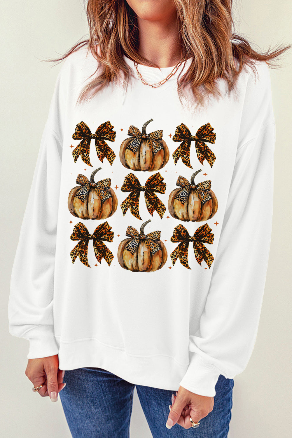 Pumpkin Leopard Bow Knot Print Pullover Sweatshirt