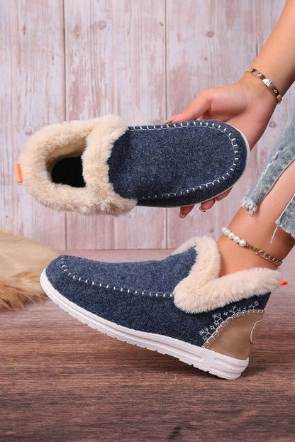 Blue Suede Stitching Patchwork Plush Lined Anklet Boots