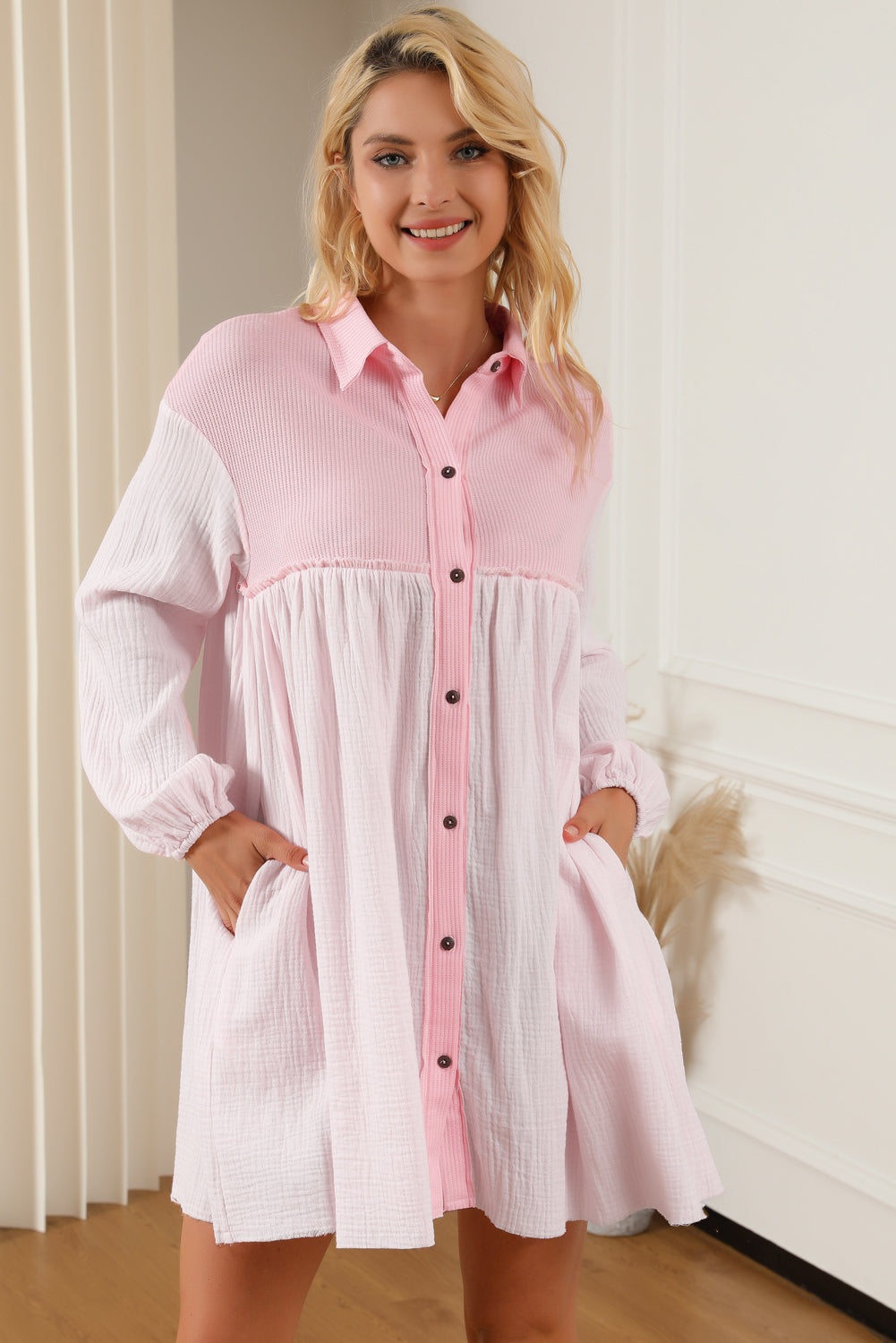 Pink Patchwork Crinkle Puff Sleeve Shirt Dress