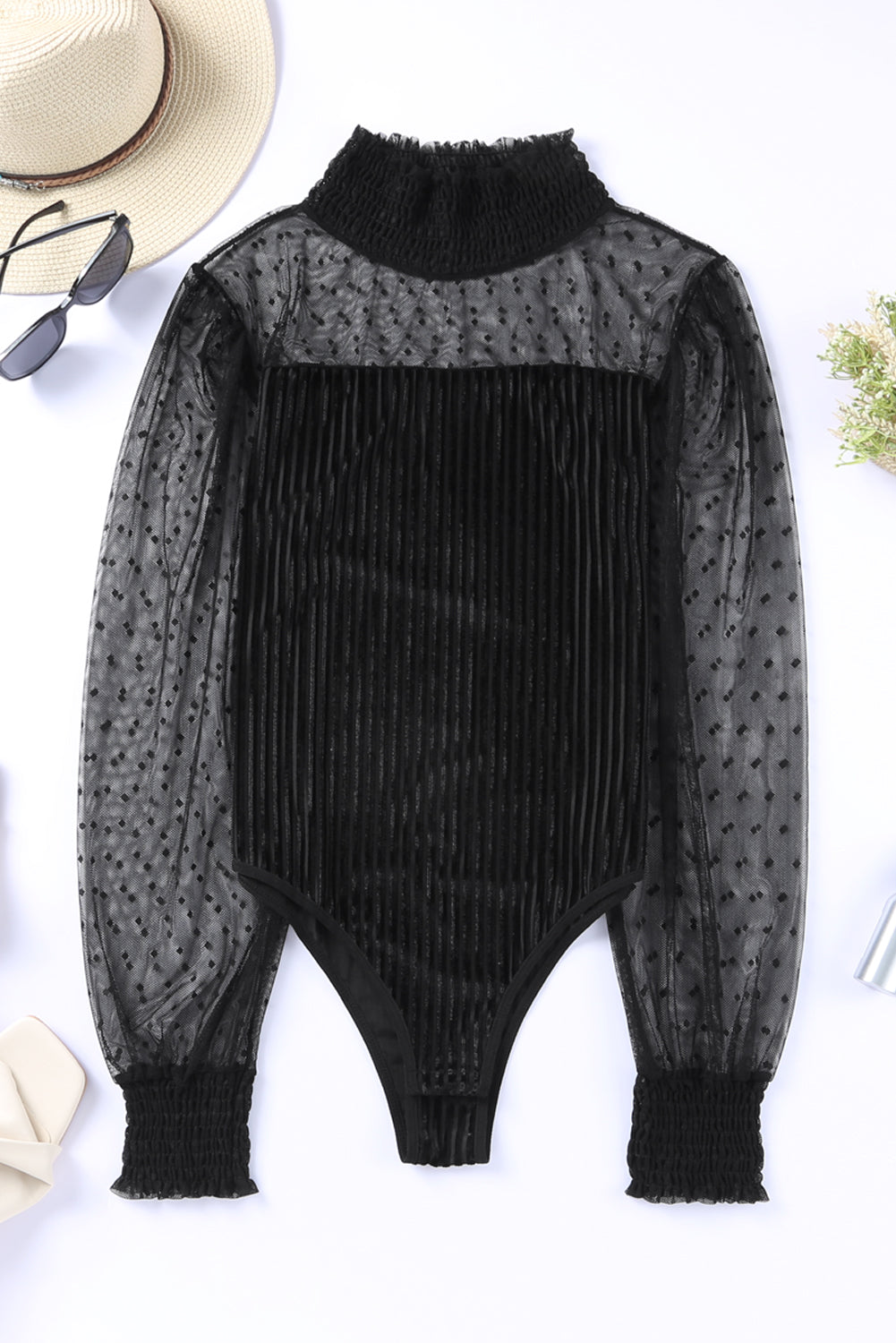 Black Sheer Dotty Long Sleeve Ribbed Velvet Bodysuit