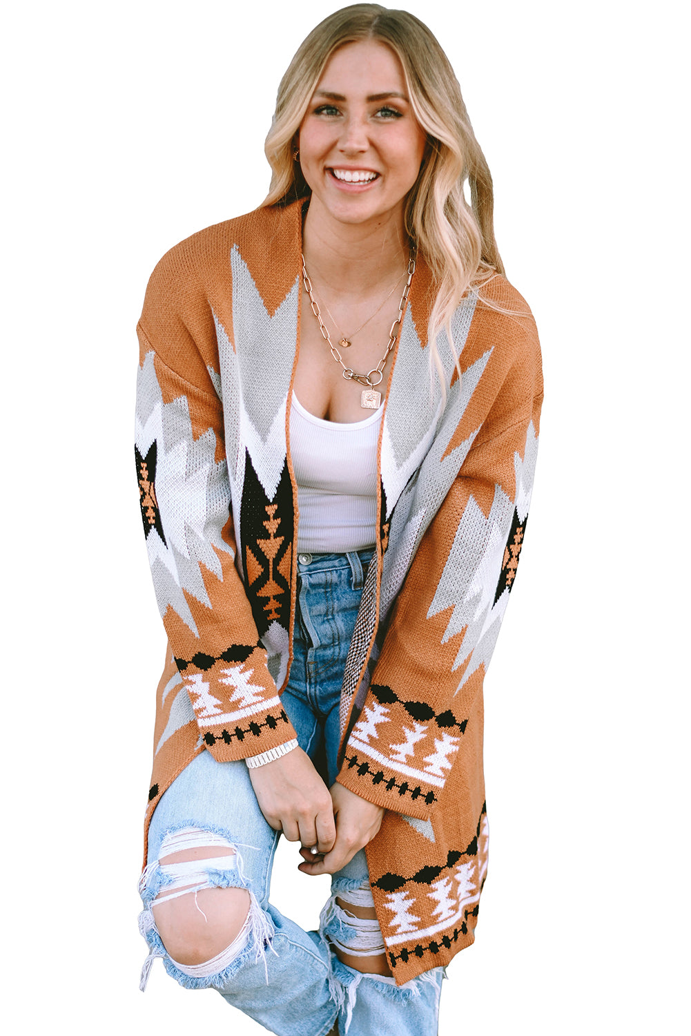 Gold Flame Aztec Graphic Open-Front Cardigan