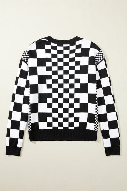 Checkered Print Drop Shoulder Round Neck Sweater