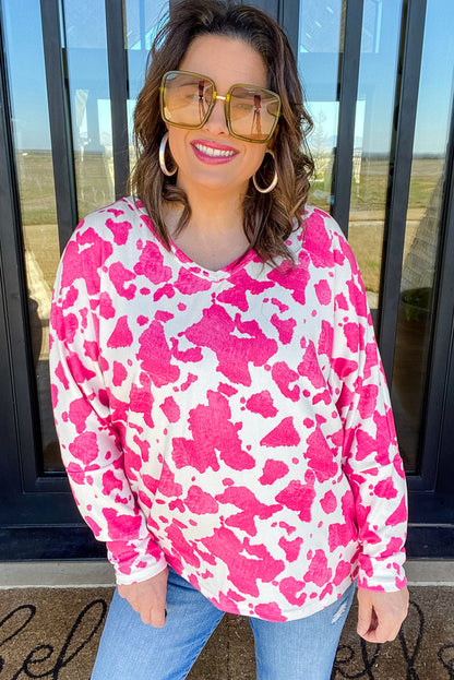 Rose Animal Print Long Sleeve V Neck Plus Size Top