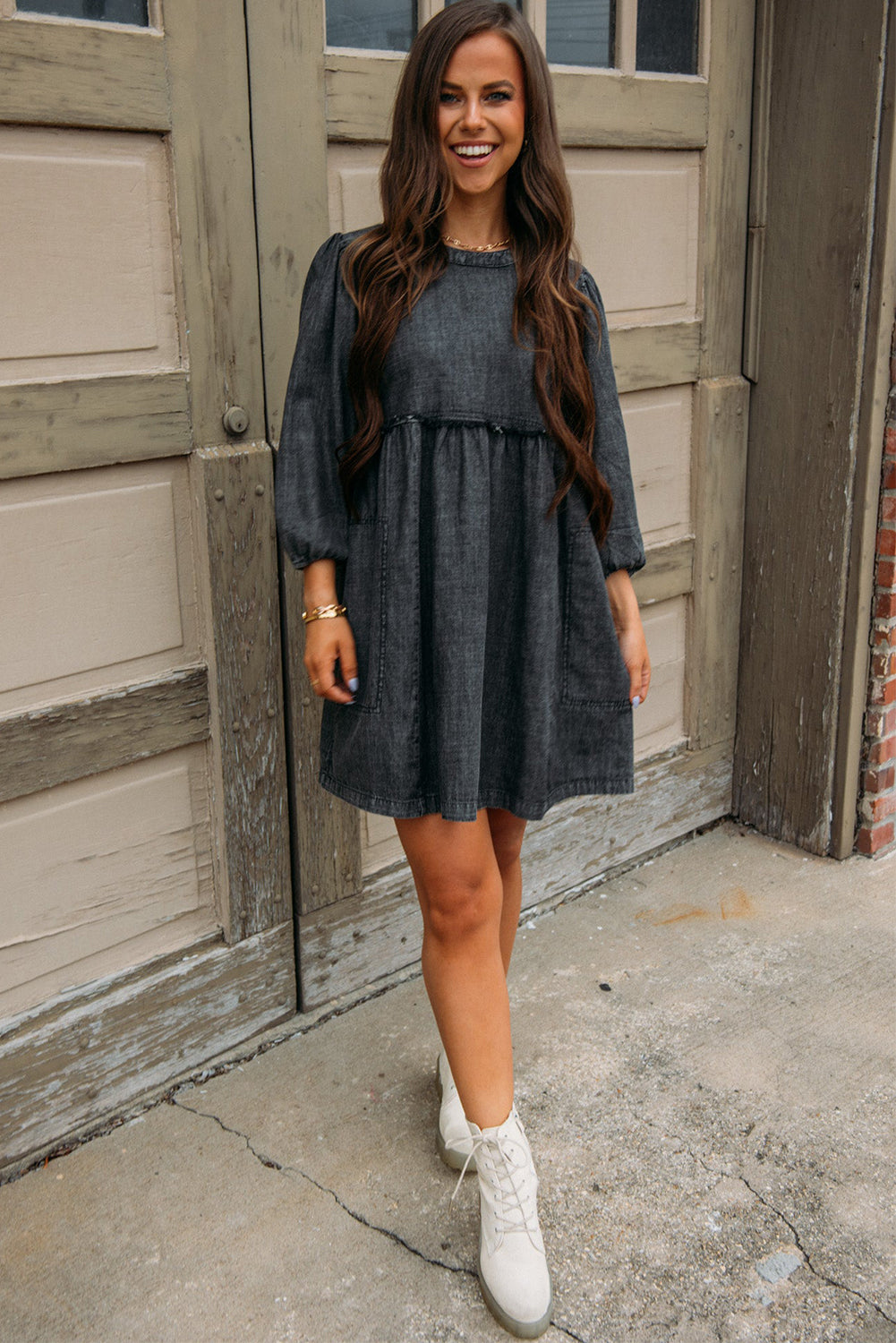 Balloon Sleeve High Waist Denim Dress