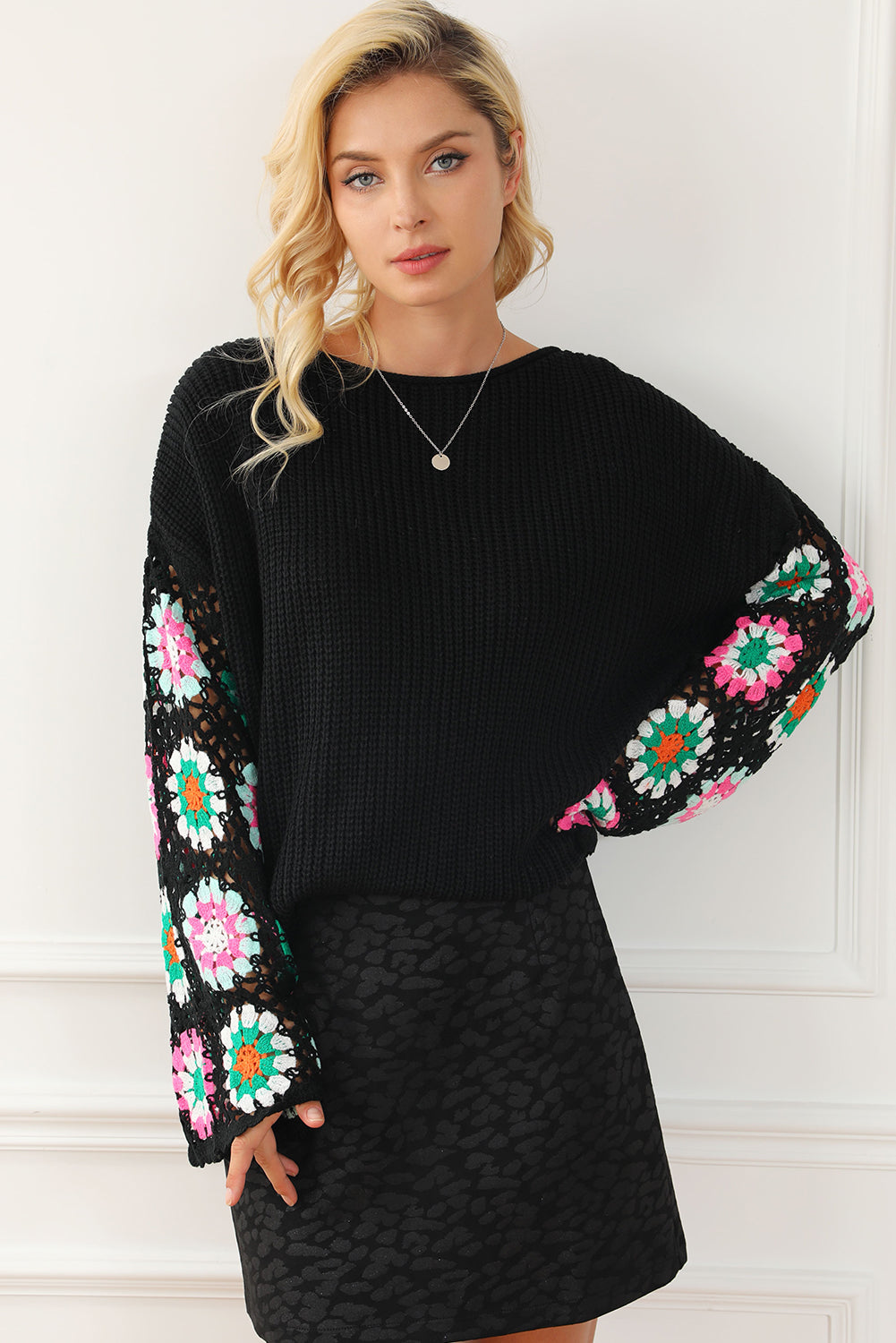 Floral Crochet Bell Sleeve Loose Sweater