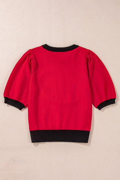 Red Sequin Color Block Puff Short Sleeve Sweater