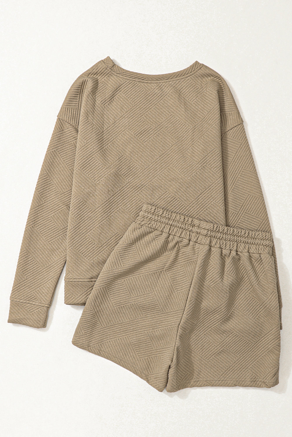 Pale Khaki Textured Long Sleeve Top and Drawstring Shorts Set