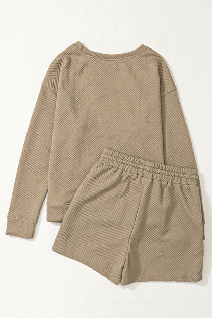 Pale Khaki Textured Long Sleeve Top and Drawstring Shorts Set