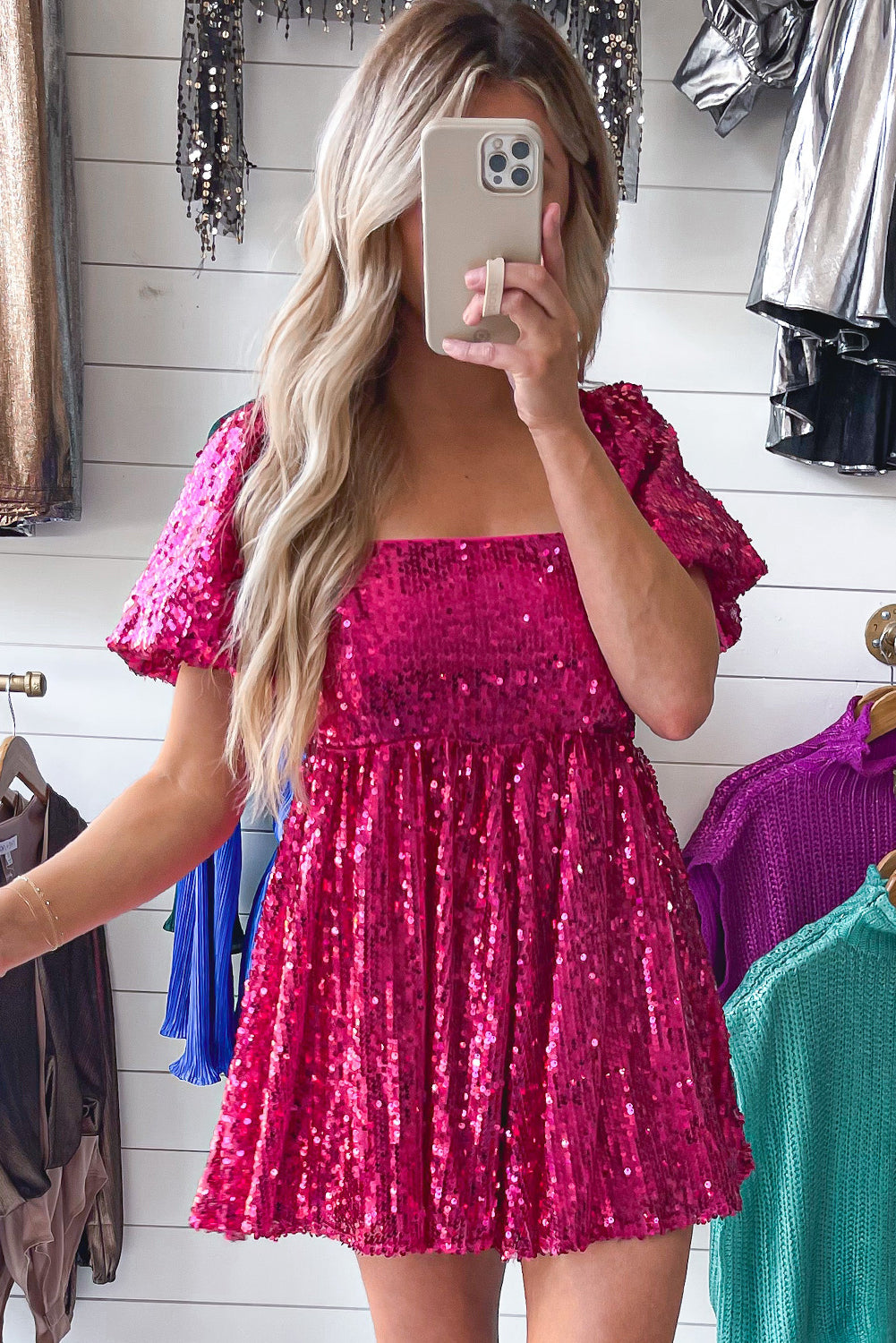 Pink Short Puff Sleeve Sequin Babydoll Romper