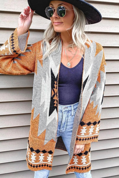 Gold Flame Aztec Graphic Open-Front Cardigan