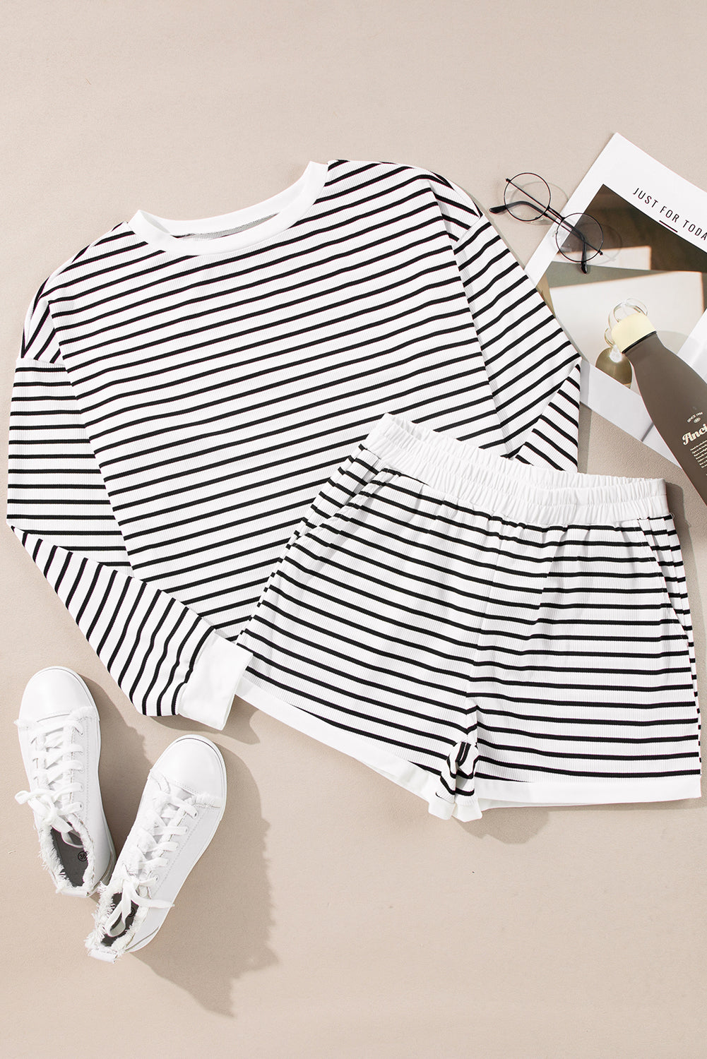 Stripe Textured 3/4 Sleeve Top and Shorts Set