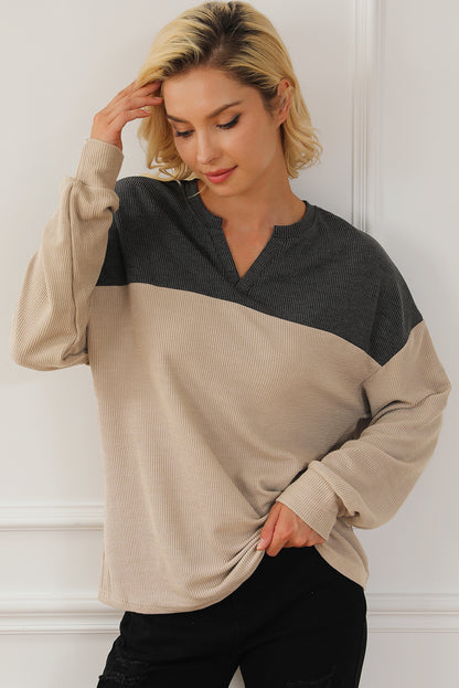 Notched Neck Colorblock Corded Sweatshirt