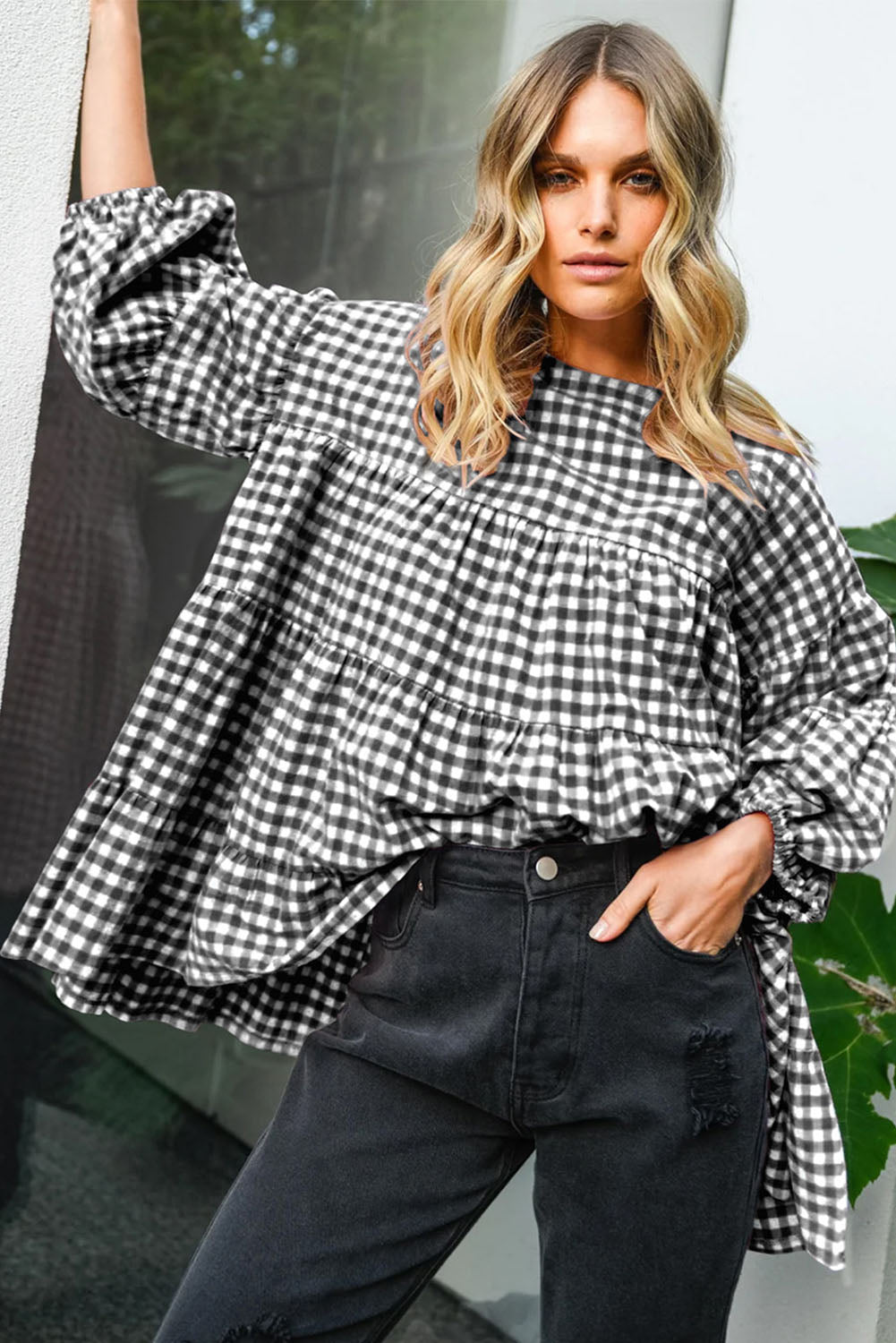 Checkered Puff Sleeve Tiered Loose Babydoll Blouse