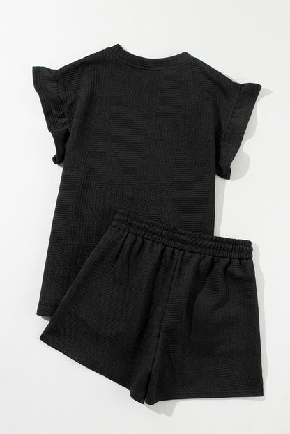 Textured Ruffle Split Top and Drawstring Shorts