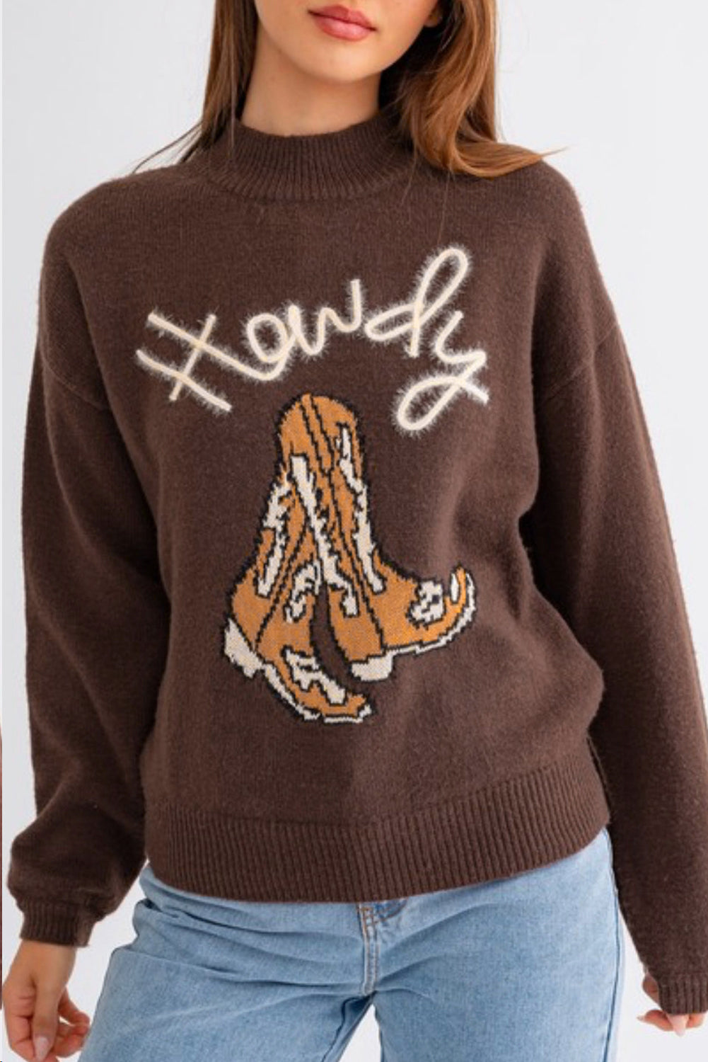 Western Howdy Boot Graphic High Neck Sweater